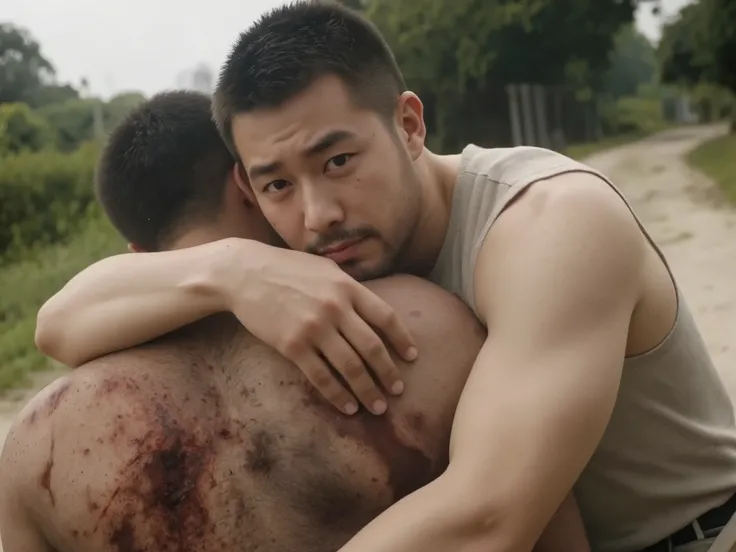 george pei,george bernard,bara, 1boy, solo, score_8_up, score_7_up, score_6_up, score_9_up, muscle, stocky body, big muscular, big arms, middle-aged man, looking at viewer, daily outfit, informal clothes, detail background, scenery, blurry, wide shot, dept...