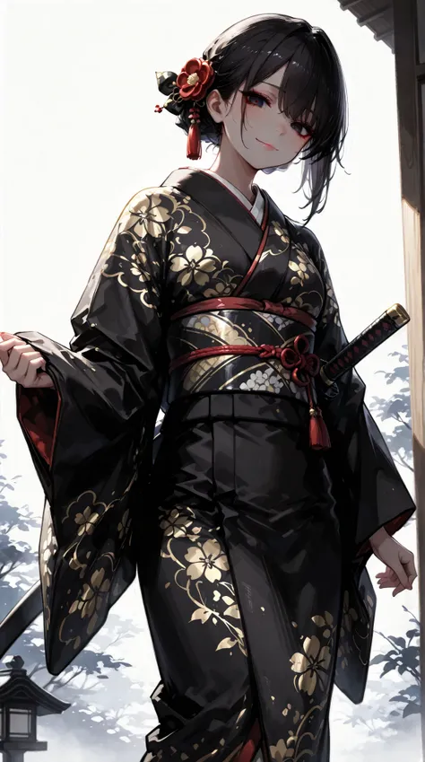 一人のdark haired長髪の少女, dark hairedの双子の尾根に細い白いハイライトが施されている, Tied with ribbon, wears an elegant kimono with delicate Japanese patterns, Her striking dark eyes shine gently., with a small smile on her lips, gives off a quiet sense of determination. , illuminate...