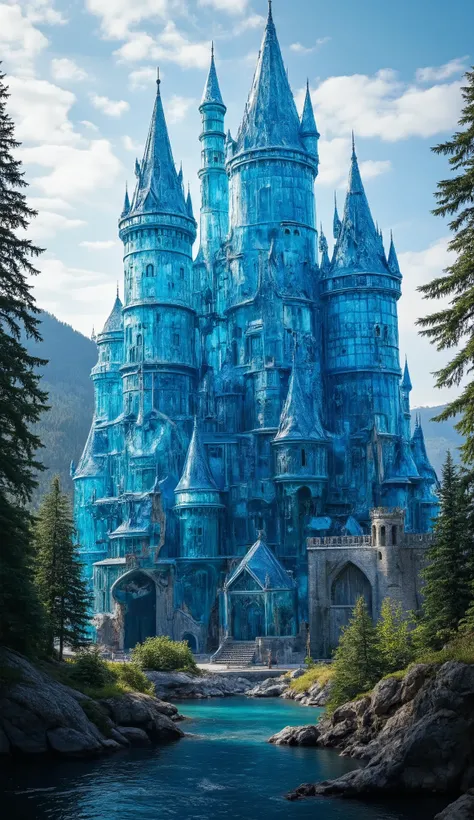 (highdefinition images:1.5)、Majestic Atmosphere,(A huge, transparent blue glass castle that seems to reach the sky:1.5),masterpiece,(highdefinition images:1.5),(top quality:1.5)、(Extremely transparent glass castle:1.5),Look Up、Blue Sky Flowing、(An old Euro...