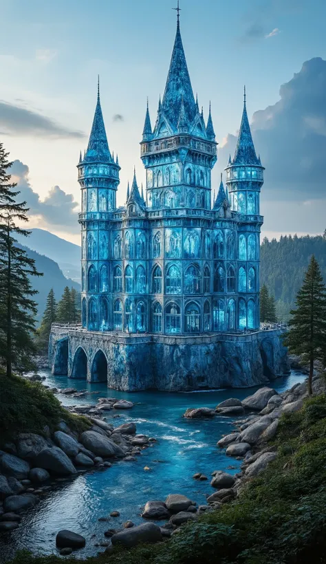 (highdefinition images:1.5)、Majestic Atmosphere,(A huge, transparent blue glass castle that seems to reach the sky:1.5),masterpiece,(highdefinition images:1.5),(top quality:1.5)、(Extremely transparent glass castle:1.5),Look Up、Blue Sky Flowing、(An old Euro...