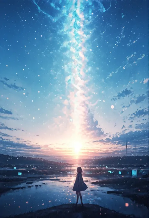a woman is walking on bridge. ultra wide shot, morning lake,  She is watching a sunlight, tiny light under  Blue sly ,at dawn, sunrise in the early morning . Serene and ethenal atmosphere. thick outline, rough stroke, glowing geometric shapes,holographic p...