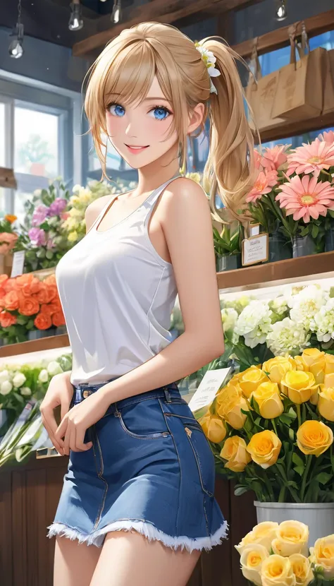 masterpiece　top quality　Westerners　Age 27　blue eyes　golden ponytail　slim body　cute smile　white tank top　denim short skirt　Work in a flower shop　Realistic composition　I have sex appeal