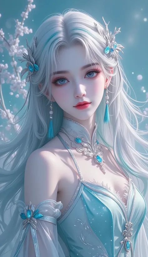 Voluptuous woman, gorgeous woman, gradient hair, long hair, voluminous hair, aqua eyes, gentle smile, glossy lips, gothic, thick eyelash , platinum hair, blue gradient highlight, light hair, multicolored hair, colored inner hair, (Mandarin gown dress, silv...