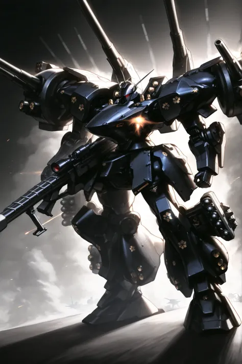Giant Robot、Missile Pods、without head and neck、mechanical、Detailed Details、Highest image quality、Heavy Armament、Missile Pods、Smoke Dislauncher、all weapons are facing straight ahead、Only 1 unit、best quality、Detailed Armor、 completely black、headless、Short le...