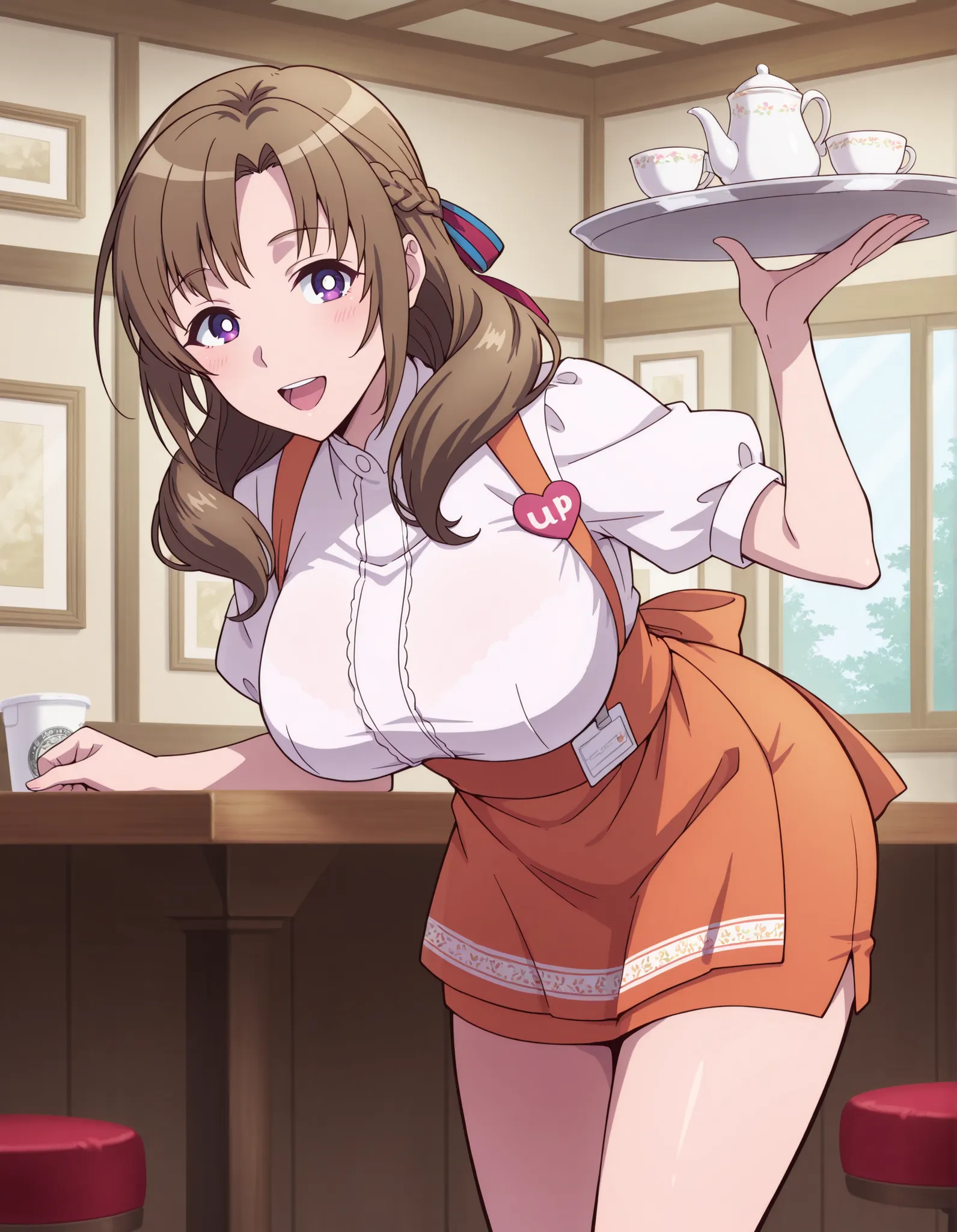 Score_9, score_8_up, score_7_up, source_anime, Mamako OOSUKI, solo, bronze hair, long_hair, hair ribbon, multicolored ribbon, braid, purple_eyes, huge_breasts, (best quality), (high quality), {masterpiece}, extremely delicate and beautiful, ultra-detailed,...