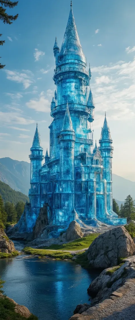 (highdefinition images:1.5)、Majestic Atmosphere,(A huge, transparent blue glass castle that seems to reach the sky:1.5),masterpiece,(highdefinition images:1.5),(top quality:1.5)、(Extremely transparent glass castle:1.5),Look Up、Blue Sky Flowing、(An old Euro...