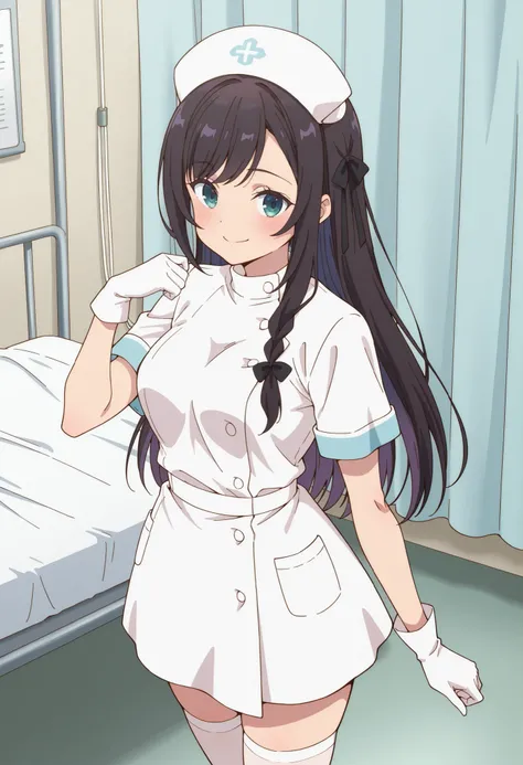 Score_9, score_8_up, score_7_up, source_anime, alina clover (girumasu), solo, long hair, multicolored hair, black hair, purple hair, swept bangs, black hair ribbon, single braid, blue eyes, (green eyes:0.8), (best quality), (high quality), {masterpiece}, ...