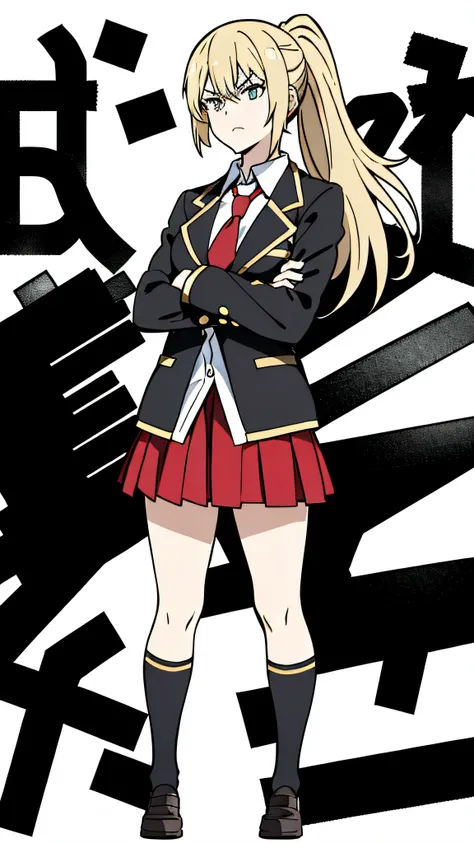 (1girl, solo,20 years old,mature female),blonde hair,long hair,ponytail,angry,hair between eyes,(white background),crossed arms, necktie,black jacket, blazer,long sleeves,pleated red skirt,