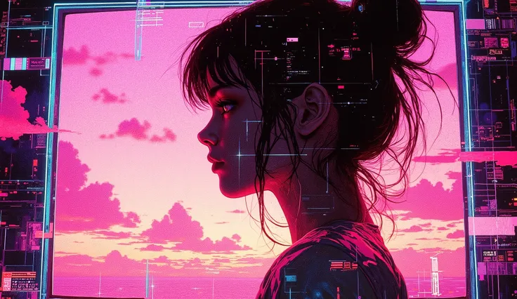(best quality,4k,8k,highres:1.2),1girl,singer silhouette on screen,side profile,80s retro wave,vaporwave aesthetic,pink and cyan color scheme,grid lines,classic computer graphics,glowing neon outlines,static noise effect,geometric shapes,Japanese text floa...