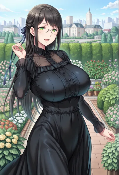 ,hanyuyuzuki, 1girl, solo, rimless eyewear, black hair, green eyes,long hair, smile,open mouth,  looking at viewer,(cowboy shot:1.5),mature female,masterpiece,best quality,high quality, (( ( lady, vicdress, Black Victorian Dress, black dress, ribbon, garde...