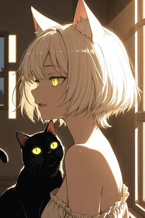 side profile view, victorian style, no shoulder top, shoulder-short hair, (soft morning sunlight coming from an off-screen window, glowing slit pupils, light through hair), shadow catgirl, cat fang, Best quality, score_9, score_8_up, drop shadow, 1woman, h...