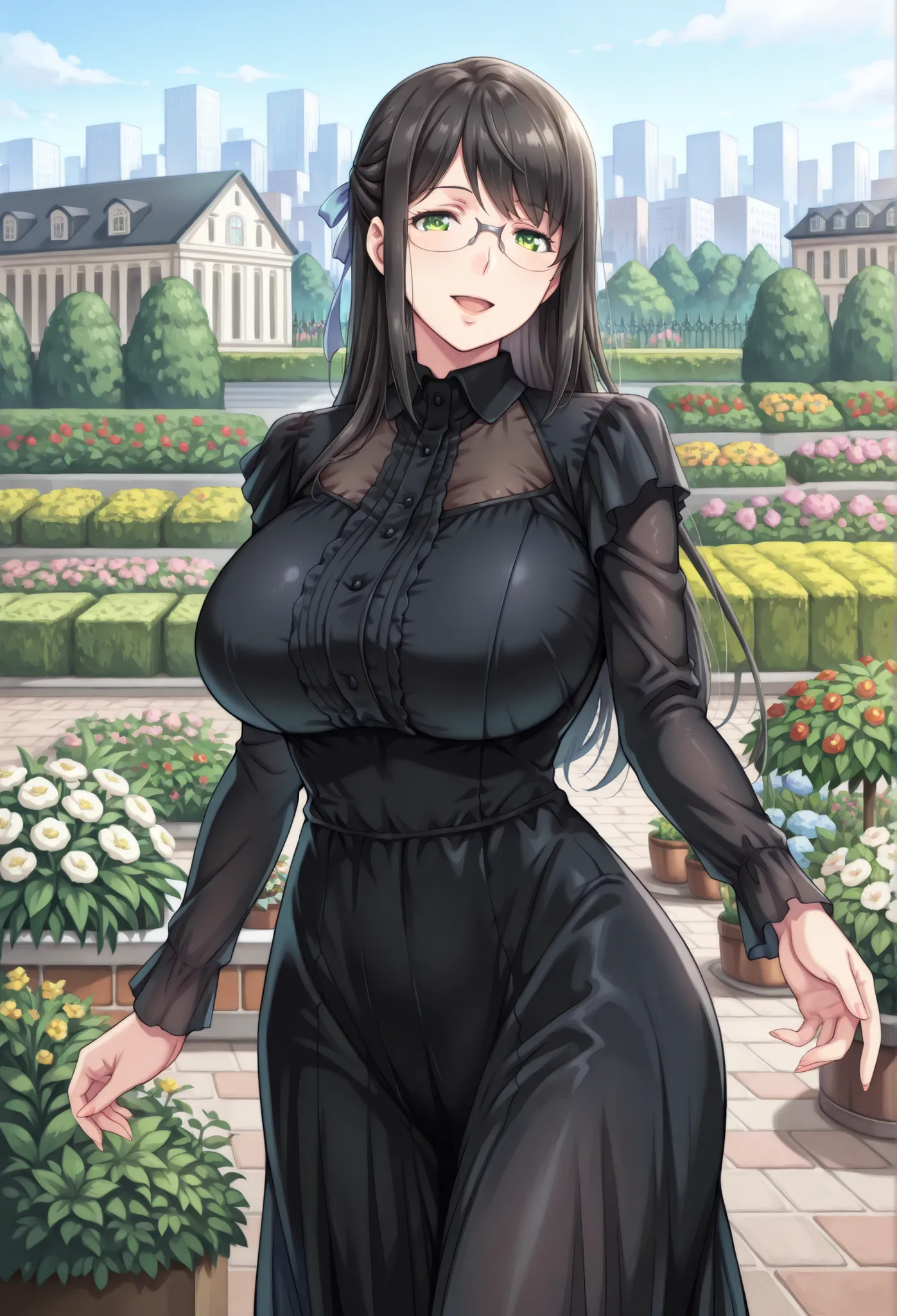 ,hanyuyuzuki, 1girl, solo, rimless eyewear, black hair, green eyes,long hair, smile,open mouth,  looking at viewer,(cowboy shot:1.5),mature female,masterpiece,best quality,high quality, (( ( lady, vicdress, Black Victorian Dress, black dress, ribbon, garde...