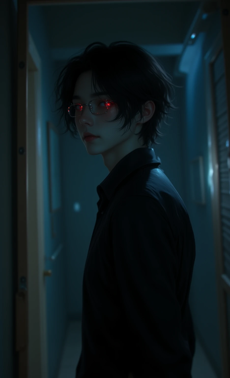 Handsome man, A young man with black hair and glasses stands in the hallway of his house, looking at the viewer from behind him. He is wearing dark , has an eerie smile on his face, and glowing red eyes. There is light coming through the window on one side, suggesting it is nighttime, in the style of Atey Ghailan and J.C. Leyendecker,