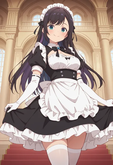 Score_9, score_8_up, score_7_up, source_anime, alina clover (girumasu), solo, long hair, multicolored hair, black hair, purple hair, swept bangs, black hair ribbon, single braid, blue eyes, (green eyes:0.8), (best quality), (high quality), {masterpiece}, e...