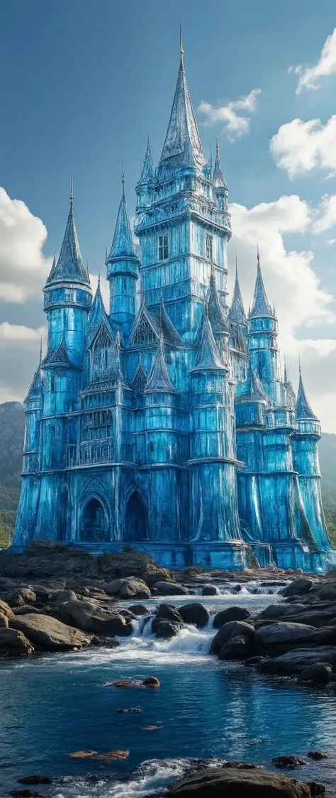 (highdefinition images:1.5)、Majestic Atmosphere,(A huge, transparent blue glass castle that seems to reach the sky:1.5),masterpiece,(highdefinition images:1.5),(top quality:1.5)、(Extremely transparent glass castle:1.5),Look Up、Blue Sky Flowing、(An old Euro...