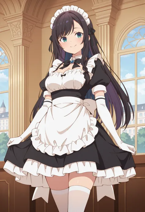 Score_9, score_8_up, score_7_up, source_anime, alina clover (girumasu), solo, long hair, multicolored hair, black hair, purple hair, swept bangs, black hair ribbon, single braid, blue eyes, (green eyes:0.8), (best quality), (high quality), {masterpiece}, e...