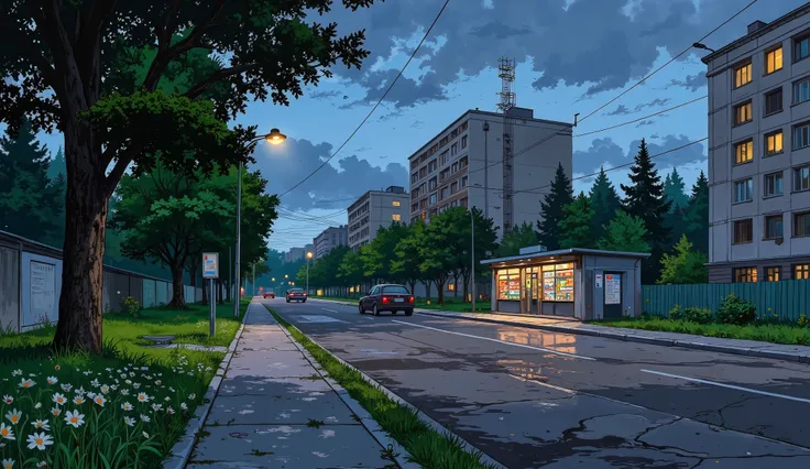 landscape, street, USSR vibes, panel buildings:2.5, panelki:2.5, many floors, many green trees, night, summer, puddles on the asphalt, cloudy:1.5, grass, crossroad:1.5, cracks in the asphalt:0.3, soviet-style concrete fence:0.15, flowers:0.25, without sun,...