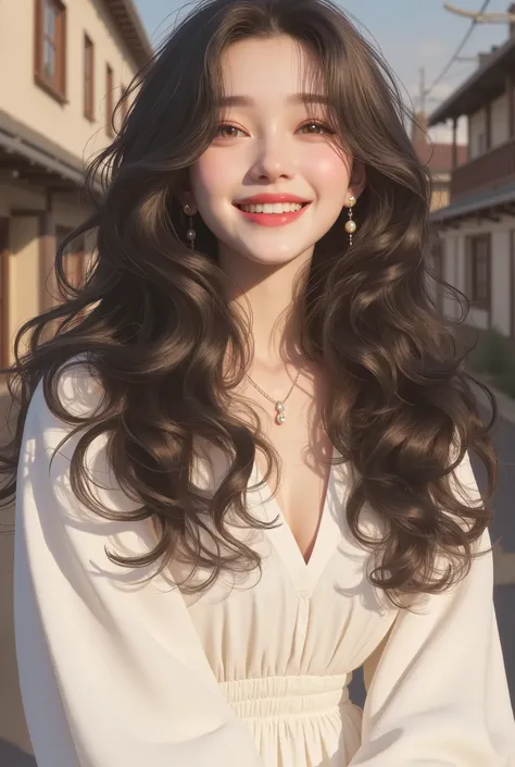 Marshmallow Girl、A Woman with a Slightly High Body Fat Percentage、、black hair semi-long、smile、Double Teeth Visible from Her Mouth、Wears a White Dress、The background is Tsuka Street、