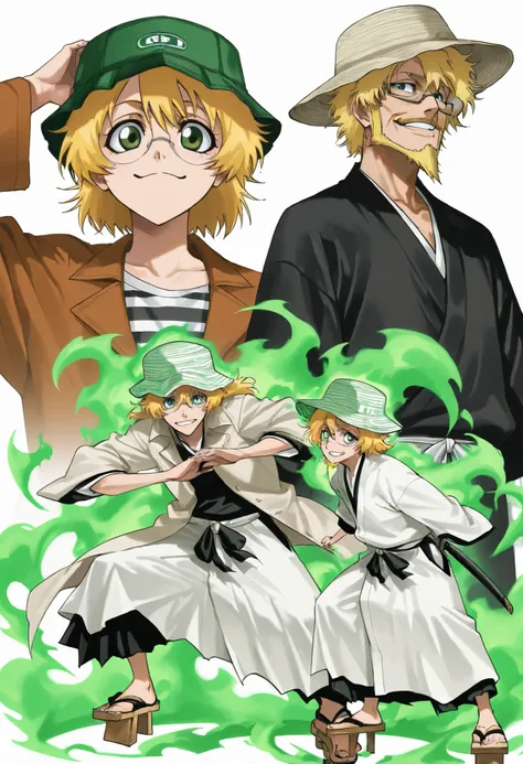 masterpiece, older man, casual hat, bucket hat, green and white striped hat, blond hair, messy hair, sly smile, green eyes, glasses, laid-back, mysterious, kimono, traditional Japanese clothing, wooden geta sandals, streetwear style, playful expression, sh...