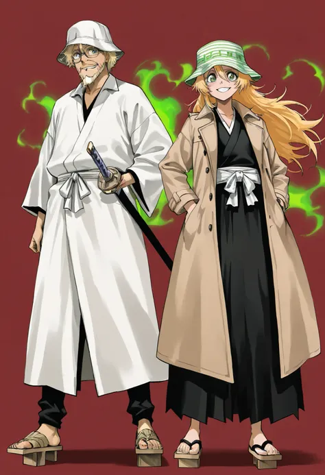masterpiece, older man, casual hat, bucket hat, green and white striped hat, blond hair, messy hair, sly smile, green eyes, glasses, laid-back, mysterious, kimono, traditional Japanese clothing, wooden geta sandals, streetwear style, playful expression, sh...