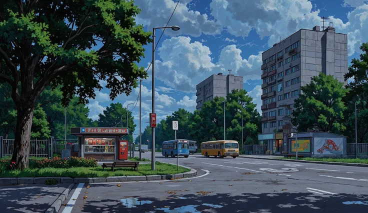 landscape, street, USSR vibes, panel buildings:2.5, panelki:2.5, many floors, many green trees, night, summer, puddles on the asphalt, cloudy:1.5, grass, crossroad:1.5, cracks in the asphalt:0.3, soviet-style concrete fence:0.15, flowers:0.25, without sun,...