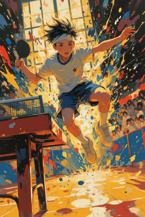 acrylic painting style, dynamic low-angle shot of a high school boy mid-air during a powerful table tennis jump smash, short spiky black hair with a white headband, wearing a white ping pong uniform with blue collar and red accents, red star emblem on the ...
