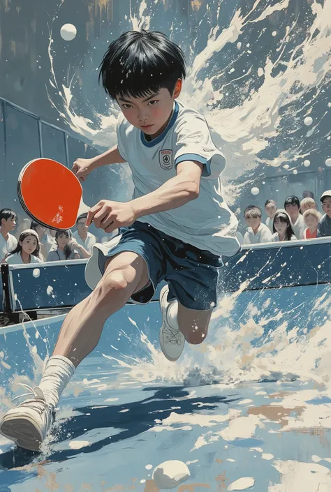monochrome acrylic painting style, slow-motion depiction of a high school boy with a bowl-cut hairstyle, mid-air during an intense table tennis jump smash, wearing a white school ping pong uniform with dark blue accents, paddle frozen in motion, paint spla...