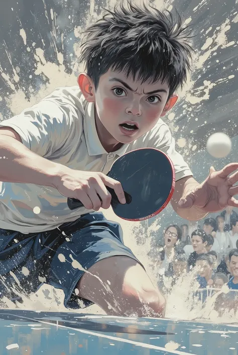 monochrome acrylic painting style, slow-motion depiction of a high school boy with a mature and sharp facial structure, intense eyes, and a bowl-cut hairstyle, caught mid-air performing a powerful table tennis jump smash, wearing a realistic school sports ...
