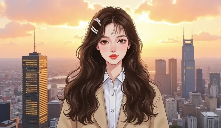 a confident and mature-looking woman around 27 years old, with long straight hair, sharp douyin-style makeup, cold and intense gaze, front-facing portrait, wearing a modern office outfit. standing with a panoramic city skyline in the background at golden h...