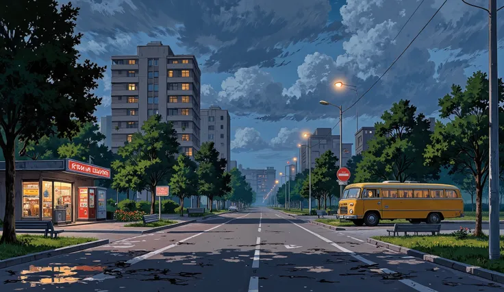 landscape, street, USSR vibes, panel buildings:2.5, panelki:2.5, many floors, many green trees, night, summer, puddles on the asphalt, cloudy:1.5, grass, crossroad:1.5, cracks in the asphalt:0.3, soviet-style concrete fence:0.15, flowers:0.25, constructivi...