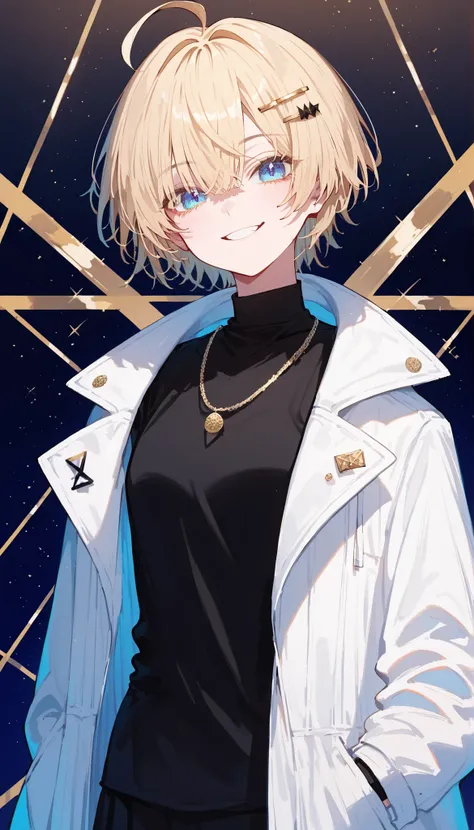 girl,Golden bronze hair, Blue Eyes,Moderate cuddly, alter ego, ghoul eyes,,triangle background,short hair bob,Chopped,Black Shirt,White Coat,Alternate Coat,smile, tomboy,ahoge,Gold Hairpin,Gold Jewelry,