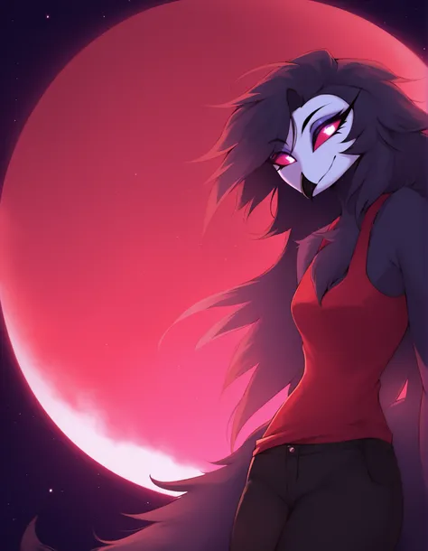 masterpiece, best quality, octavia helluva boss, happy expression, 1girl, solo,avian bird demon owl owl_demon, beak, pink sclera, dark pink pupil, anthro, furry, fluffy fur, black body, white face, furry, black feathered hair, long hair, clean hair, long t...