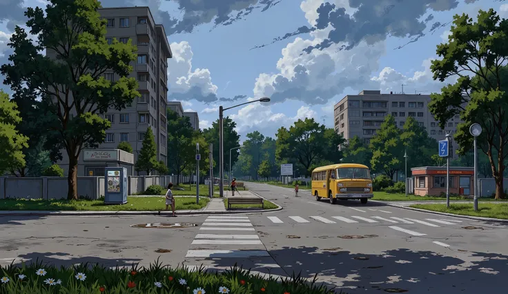 landscape, street, USSR vibes, panel buildings:2.5, panelki:2.5, many floors, many green trees, night, summer, puddles on the asphalt, cloudy:1.5, grass, crossroad:1.5, cracks in the asphalt:0.5, soviet-style concrete fence:0.15, flowers:0.25, constructivi...