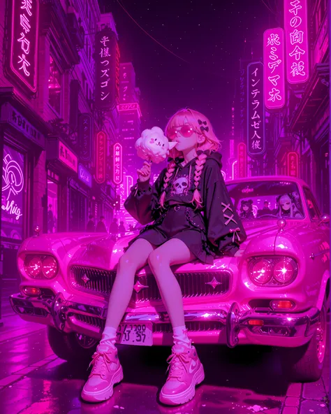 A peculiar Japanese couple in colorful Harajuku fashion mixed with pastel colors Gothic aesthetics. You sit on the hood of a vintage pink Cadillac, with joy eating cotton. Your outfits combine pastel shades with gothic accessories: bows , Seil, Sneaker mi...