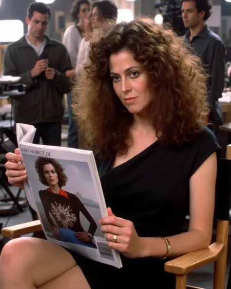  beautiful detailed photograph, voluminous curly brown hair that frames her face, wearing an elegant black dress with a boat neck, Makeup, is sitting in a black fabric director's chair, reading a very concentrated fashion magazine, in the background they a...