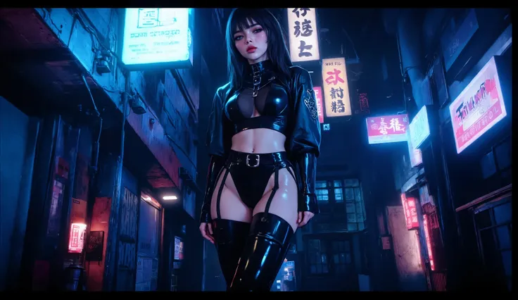 A young Asian woman, positioned slightly to the left of center in a narrow alleyway, is the focal point.  She is wearing a dark, leather-like jacket over a sheer top and matching leather-look bottoms and thigh-high boots. Her hair is long and dark, and her...