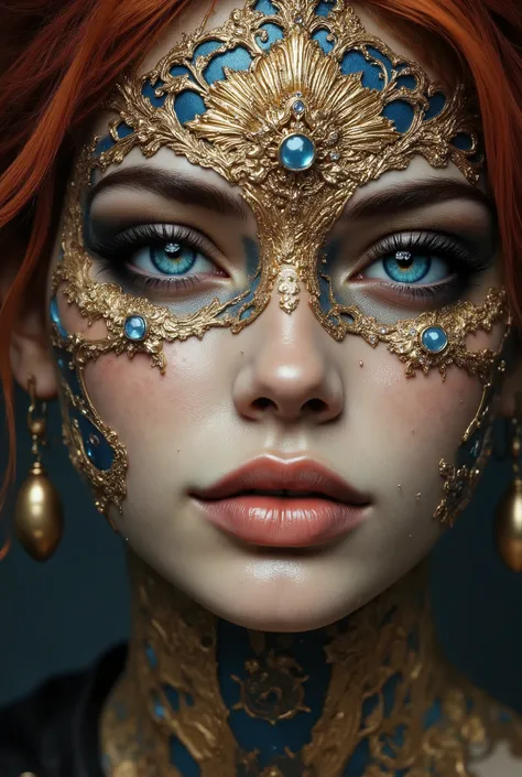 A  extreme close-up portrait rendered in ultra-detailed CGI fantasy realism. This striking image focuses on the upper half of an adult woman's face, adorned with ornate golden filigree that stretches across her forehead, cheeks, and temples like a ceremoni...