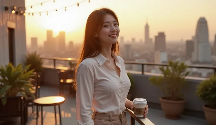 A realistic urban rooftop at golden hour. A young, confident Asian woman in her late 20s stands near the rooftop edge, overlooking the city skyline glowing in the warm sunset. She’s wearing a stylish, modern outfit — a soft white blouse tucked into high-wa...
