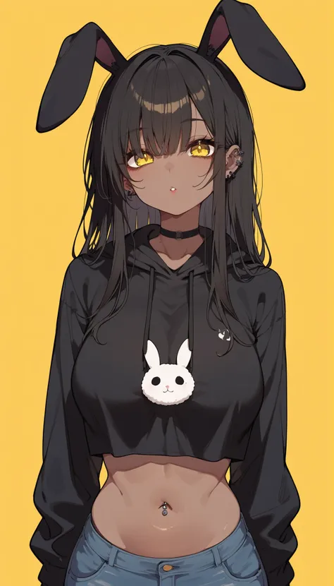 Rabbit Girl, black hair,long hair,in yellow eyes,Hoodie Long Sleeve Navel,piercing ears,Yellow Background Black Bottom,big breasts,milf,good figure, Ghoul eyes,Dark skin,Tall,Long Sleeve Shirt, Arm stocking filler,cute,Anime,upper body shape,slim,Chopped,S...