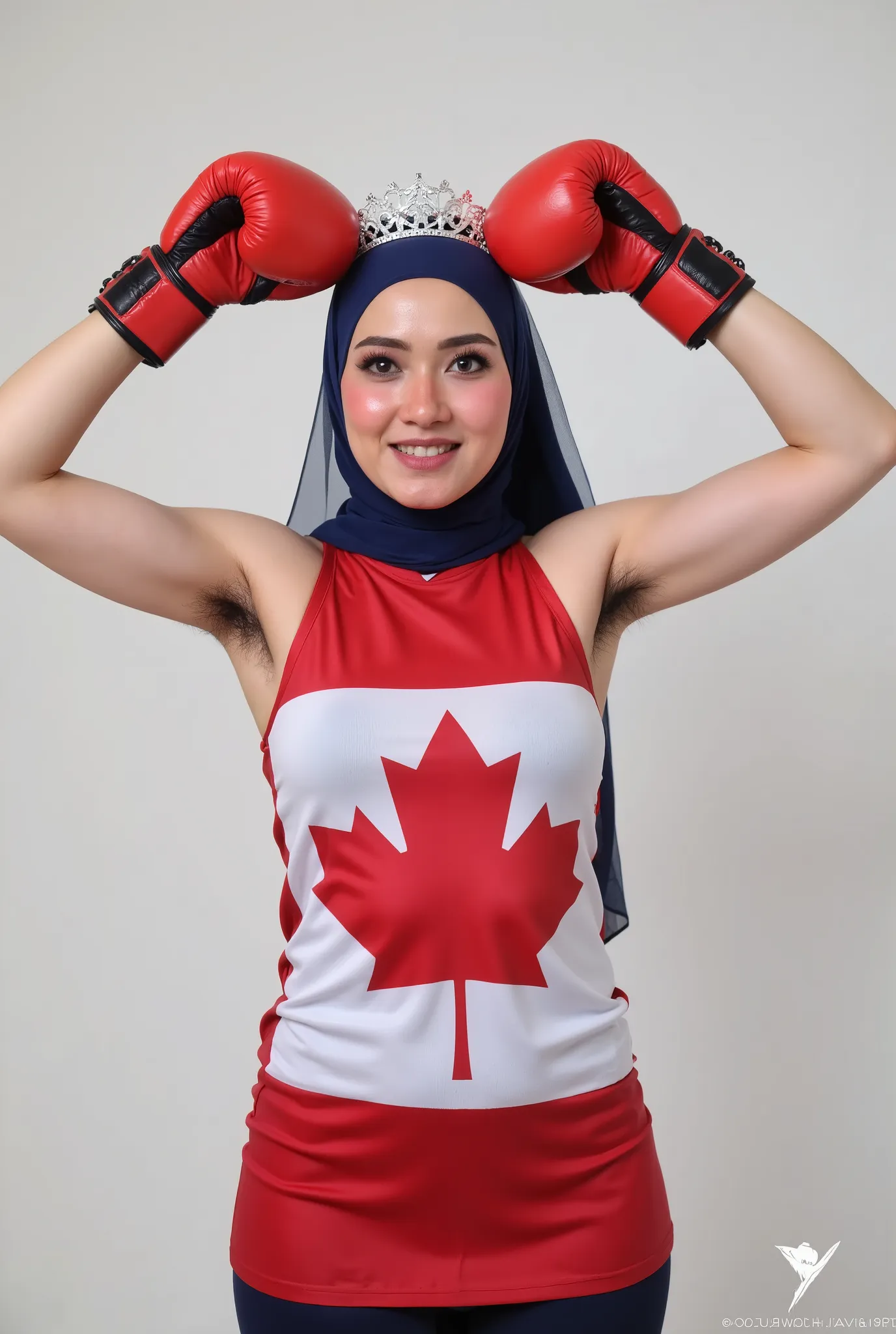 front view, Malaysian hijab-wearing mother. (Wearings Canada flag top strapless ). BOTH SIDES HANDS IN STRAIGHT UP LIFT WEARING BOXING GLOVE , hair Arm pit 