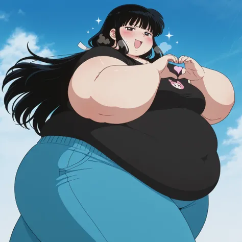 masterpiece, best quality, amazing quality,, 1girl, solo,  kikyou, long hair, black hair, brown eyes, sidelocks, himecut, mature female, medium breasts, anime screencap, black shirt, blue sweatpants,, ,  domestic life, fresh air, blue sky, cowboy shot, sol...