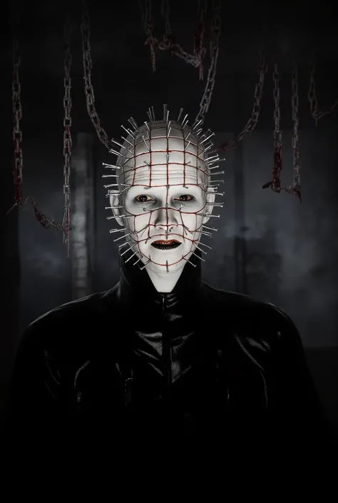 Hellraiser, Pinhead, portrait, dark room, large chains hanging from the ceiling in the background, chains dripping blood, foggy, darkness and fog background, surreal, high detail, masterpiece.