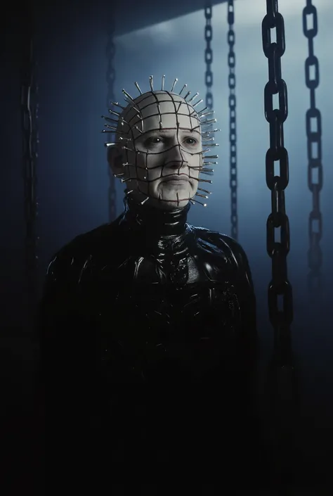 Hellraiser, Pinhead, portrait, dark room, large chains hanging from the ceiling in the background, foggy, darkness and fog background, surreal, high detail, masterpiece.
