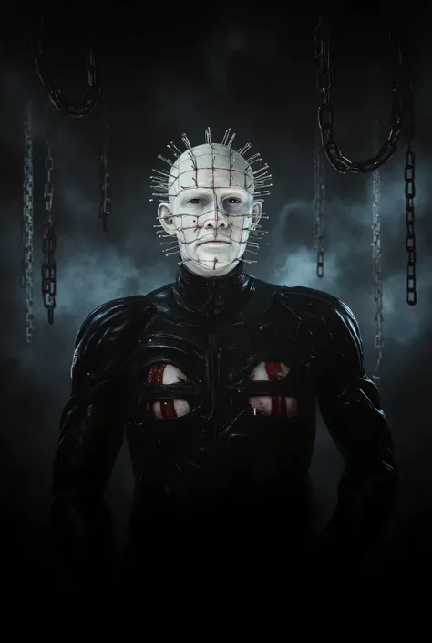 Hellraiser, Pinhead, portrait, dark room, large chains hanging from the ceiling in the background, foggy, darkness and fog background, surreal, high detail, masterpiece.