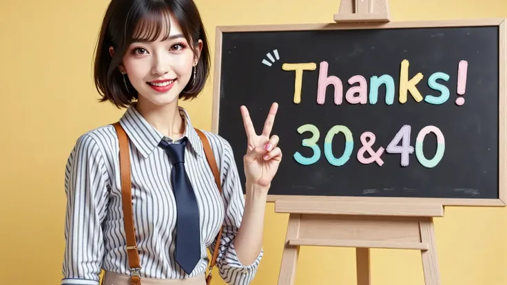 white and black fine striped collared shirt,dark blue tie, (brown suspenders), beige pants, blackboard with colorful letters。color chalk art letter:"Thanks! 30&40!", 1 27-year-old woman holding a blackboard, (kind smile, V sign next to face, ), pastel yell...