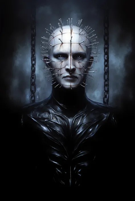 Hellraiser, Pinhead, portrait, dark room, large chains hanging from the ceiling in the background, foggy, darkness and fog background, surreal, high detail, masterpiece.