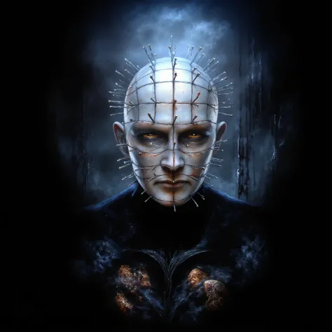 Hellraiser, Pinhead, portrait, dark room, large chains hanging from the ceiling in the background, foggy, darkness and fog background, surreal, high detail, masterpiece.