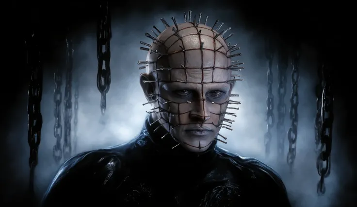 Hellraiser, Pinhead, portrait, dark room, large chains hanging from the ceiling in the background, foggy, darkness and fog background, surreal, high detail, masterpiece.