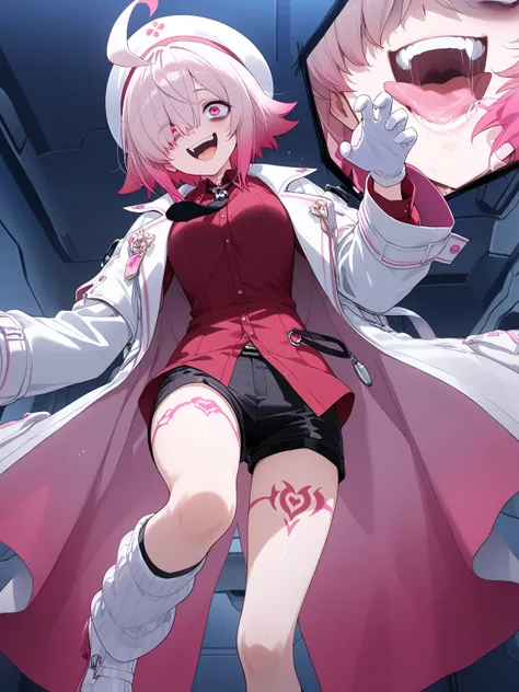 Mechanical room,Crazy Smile,pink eyes,gradient hair,hair over one eye,bags under eyes,ahoge,short hair,Pink hair,gradient hair,multicolored hair,white headwear,white gloves,white footwear,red shirt,Black tie, white coat,black short shorts,kneehighs, long sleeves, uneven legwear,thigh tattoo,
masterpiece,best quality,absurdres,detailed skin,detailed face,anime screencap,official art,amazing quality,very aesthetic,masterpiece,4k resolution,BREAK,