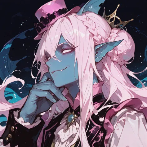 (((face, portrait,))) from side, cruel smirk, hand over chin, closed off posture, 1 ((man)), naiad, ((no pupils,)) absurdly long wavy white hair, fanged bangs, crown braid, braided bun, (mini top hat,) blue skin, even skintone, (merman ears), pink ((gothic...